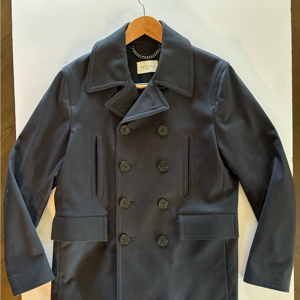 Sandro Blue Peacoat with Wide Notched Lapel and Structured Shoulders